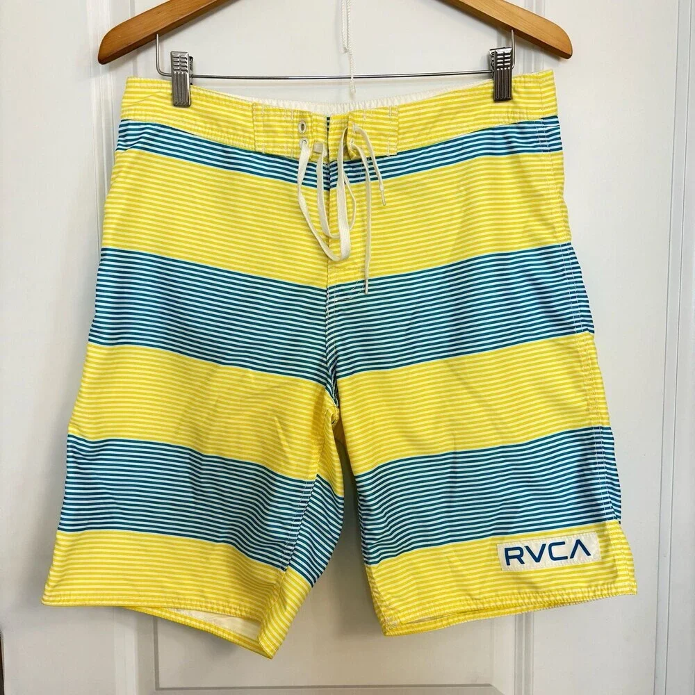 RVCA Performance Stretch Board Shorts Men's Size 32 Yellow Blue Striped Swim Tru